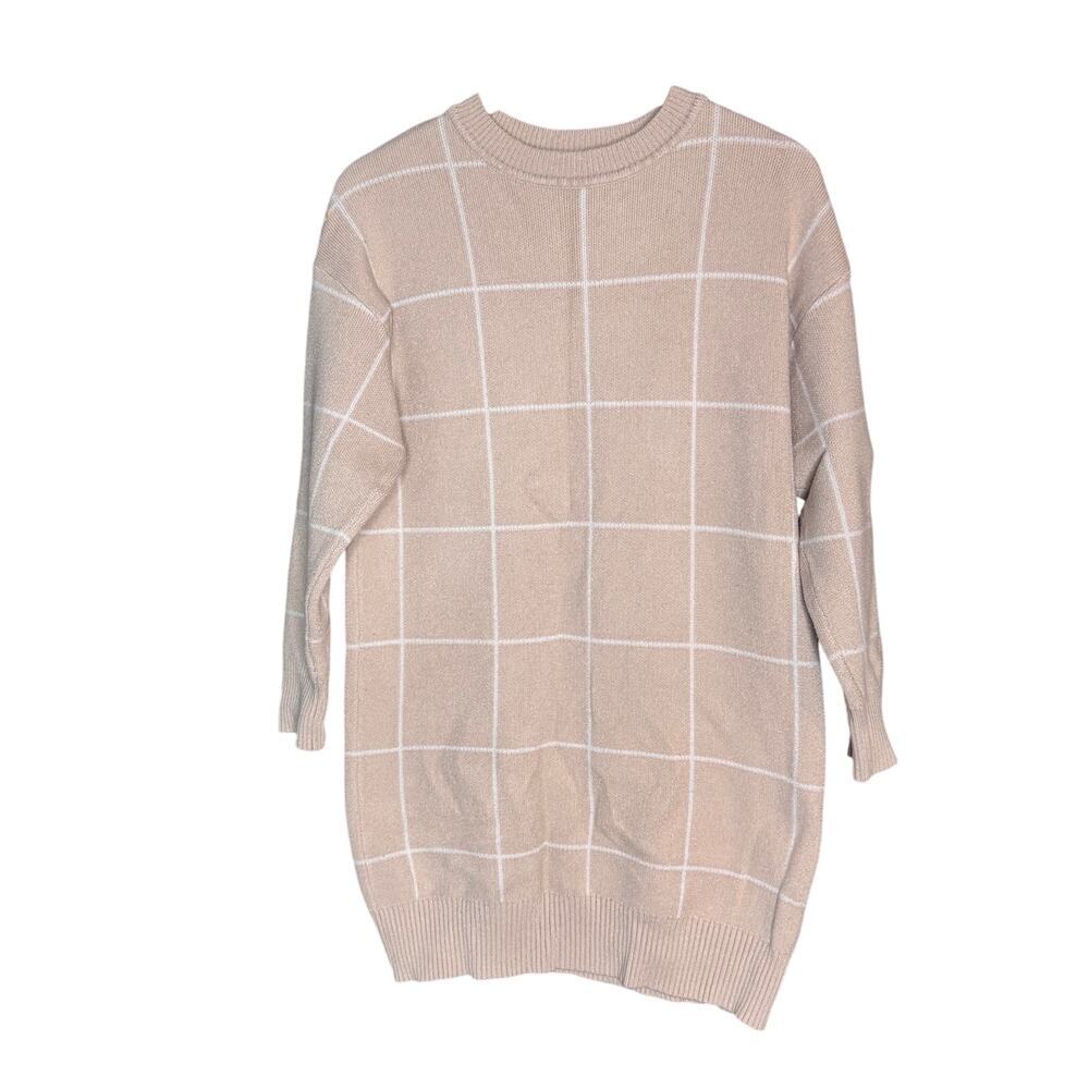 ZESICA Womens Large Sweater Dress Beige Windowpane Knit Long Sleeve Tunic